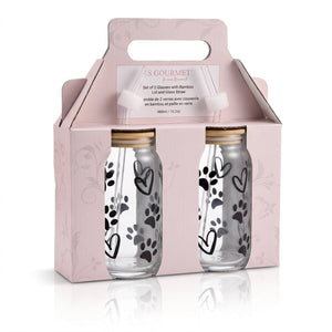 JS Gourmet Gobelets en verre avec couvercle en bambou et paille en verre, 450 ml - Empreinte de patte & Cœur - Lot de 2 - emballage - Simple Boutique
