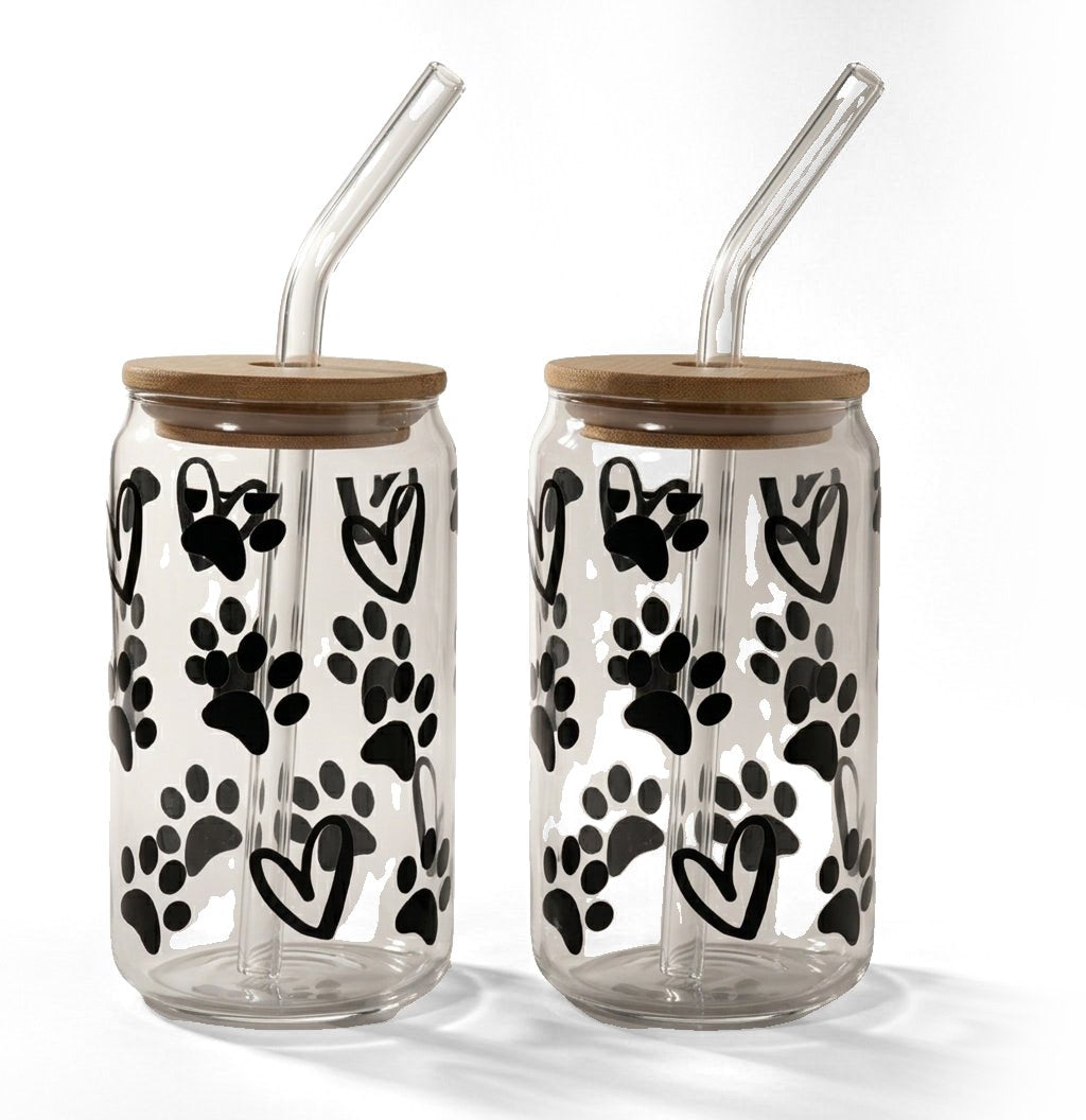 JS Gourmet Gobelets en verre avec couvercle en bambou et paille en verre, 450 ml - Empreinte de patte & Cœur - Lot de 2 - Simple Boutique