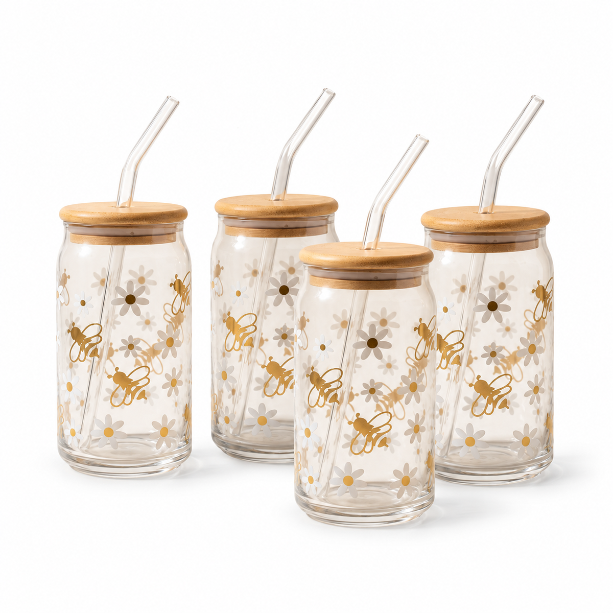 JS Gourmet Gobelets en verre avec couvercle en bambou et paille en verre - Motif abeille métallisé - Lot de 4 - Simple Boutique