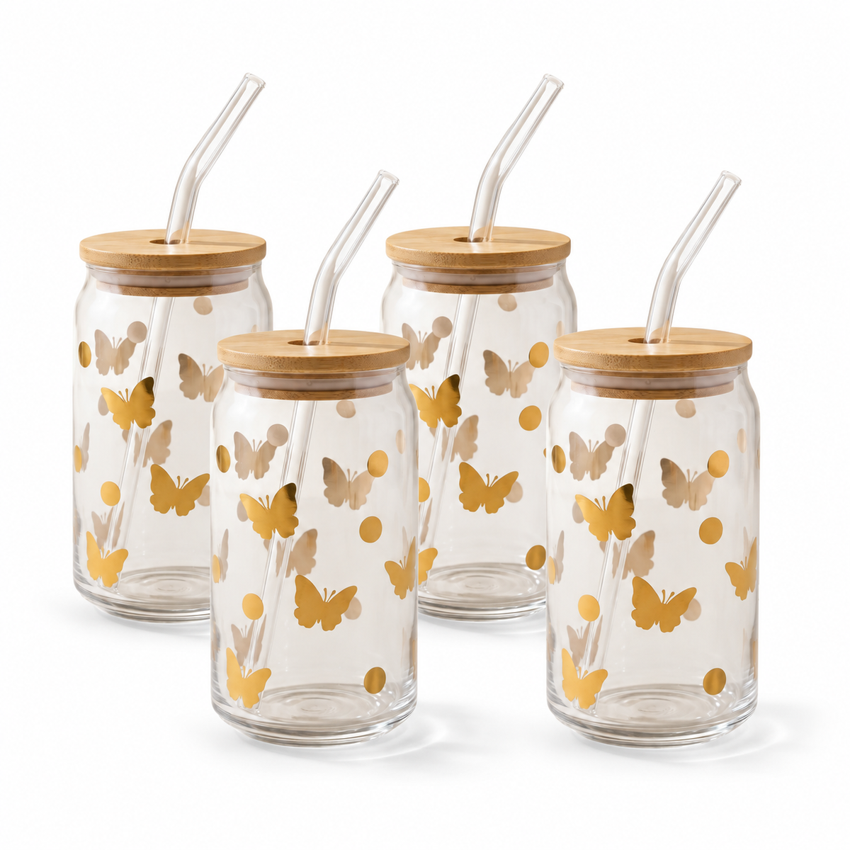 JS Gourmet Gobelets en verre avec couvercle en bambou et paille en verre - Motif papillon doré - Lot de 4 - Simple Boutique