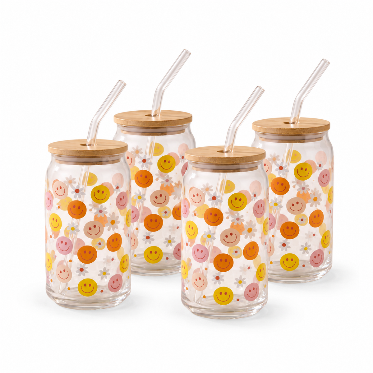 JS Gourmet Gobelets en verre avec couvercle en bambou et paille en verre - Motif smiley et marguerites - Lot de 4 - Simple Boutique