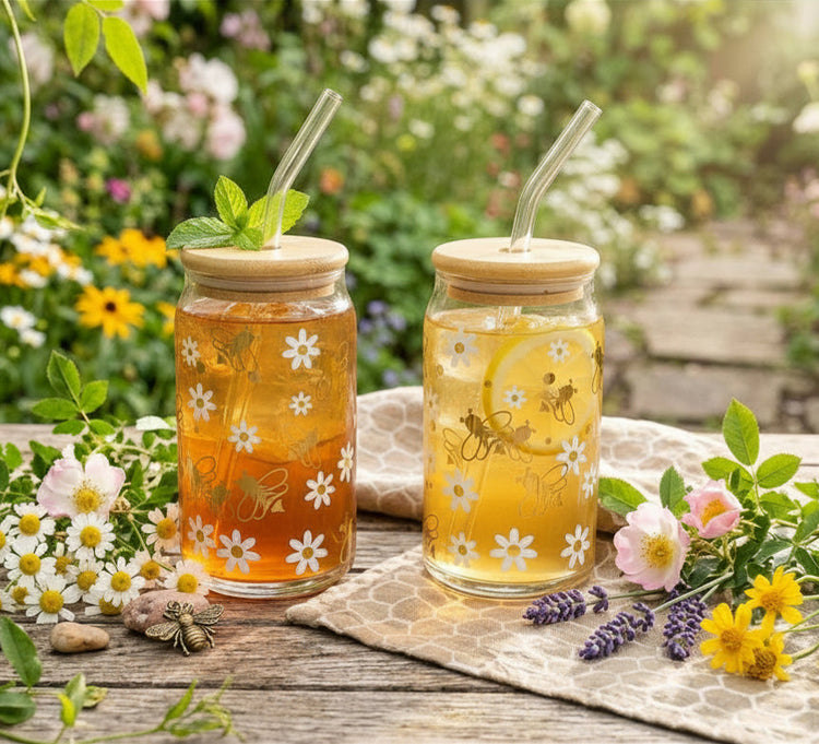 JS Gourmet Gobelets en verre avec couvercle en bambou et paille en verre (lot de 2) — Motif abeille métallisé - Simple Boutique