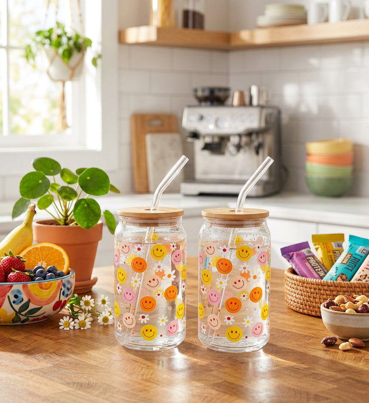 JS Gourmet Gobelets en verre avec couvercle en bambou et paille en verre (lot de 2) — Motif smiley et marguerites - Simple Boutique