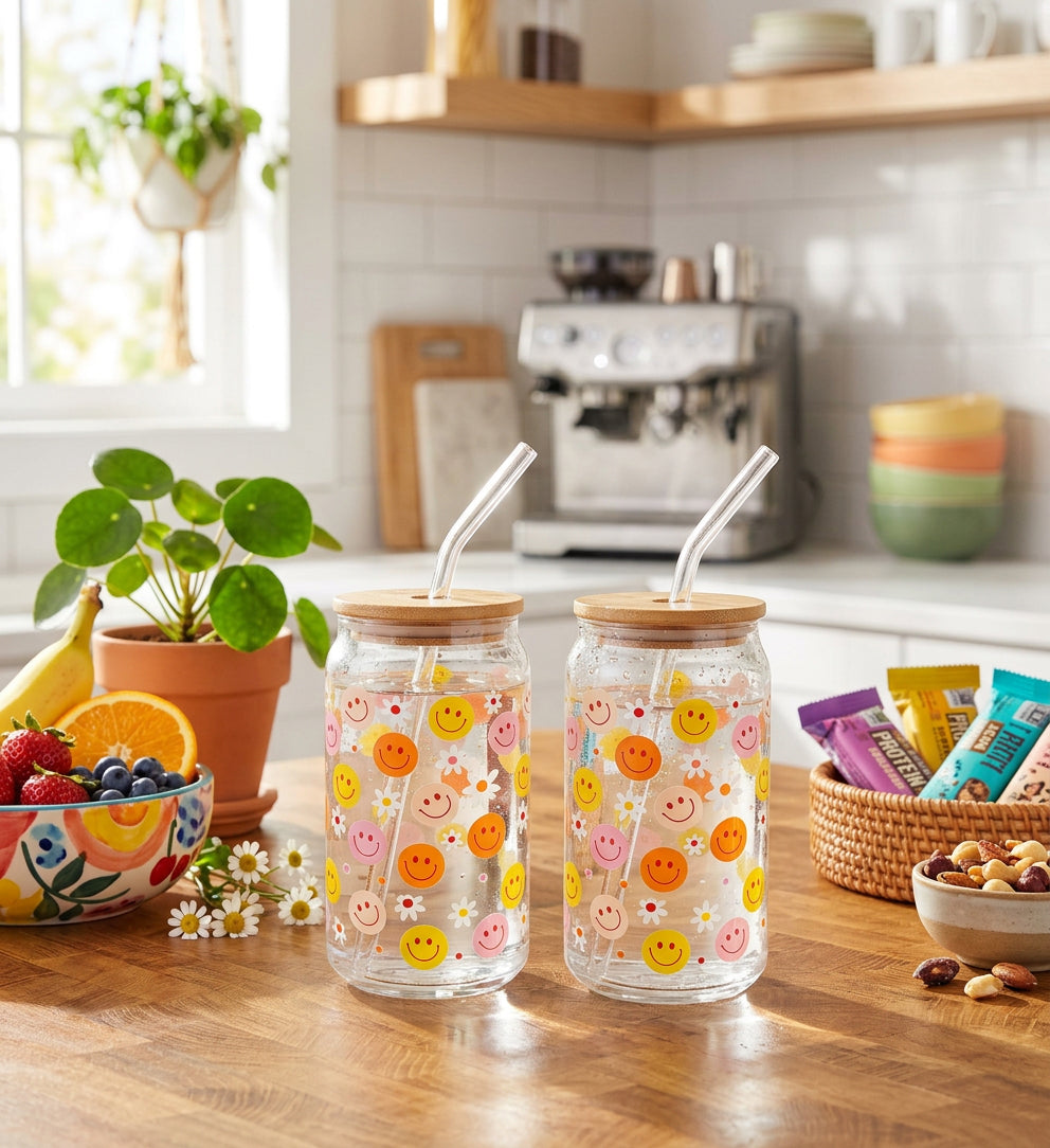 JS Gourmet Gobelets en verre avec couvercle en bambou et paille en verre (lot de 2) — Motif smiley et marguerites - Simple Boutique