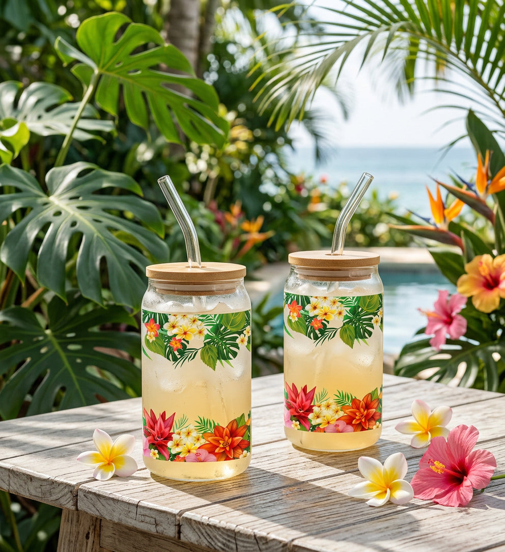 JS Gourmet Gobelets en verre avec couvercle en bambou et paille en verre (lot de 2) — imprimé tropical - Simple Boutique