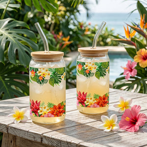JS Gourmet Gobelets en verre avec couvercle en bambou et paille en verre (lot de 2) — imprimé tropical - Simple Boutique
