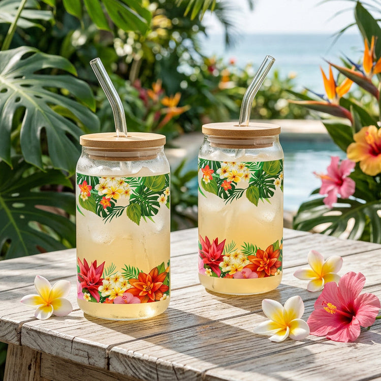 JS Gourmet Gobelets en verre avec couvercle en bambou et paille en verre (lot de 2) — imprimé tropical - Simple Boutique