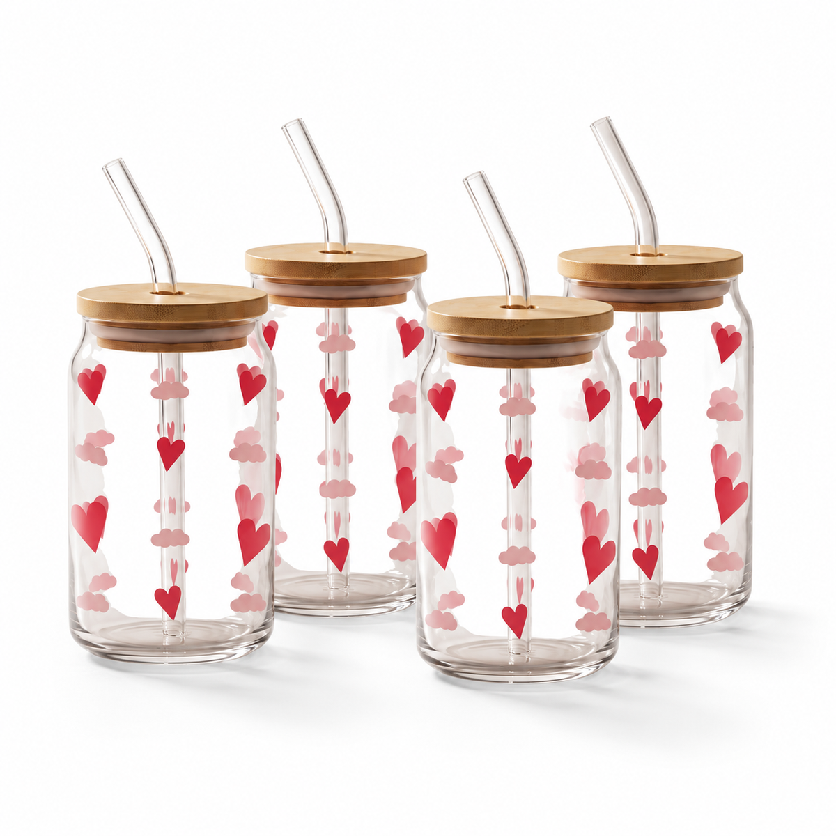 Gobelets en verre avec couvercle en bambou et paille en verre (lot de 4) - Cœurs