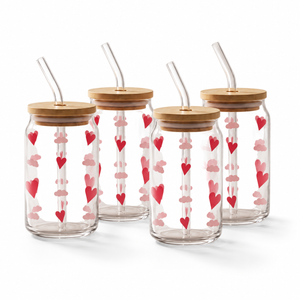 Gobelets en verre avec couvercle en bambou et paille en verre (lot de 4) - Cœurs
