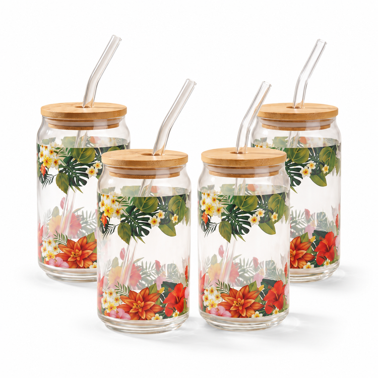 Gobelets en verre avec couvercle en bambou et paille en verre (lot de 4) — imprimé tropical