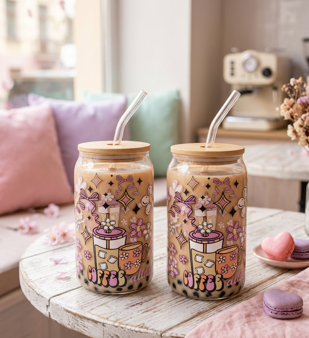 JS Gourmet Gobelets en verre avec couvercle en bambou et paille en verre (paquet de 2), motif café - Simple Boutique