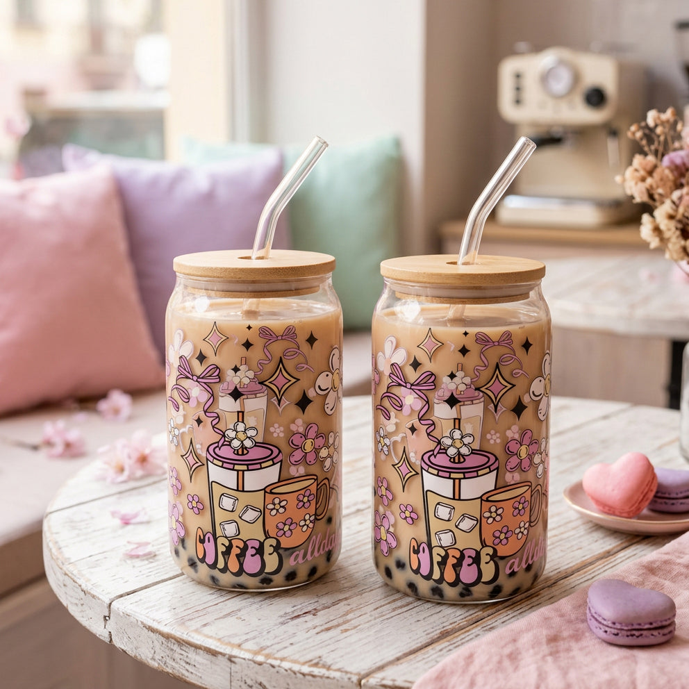 JS Gourmet Gobelets en verre avec couvercle en bambou et paille en verre (paquet de 2), motif café - Simple Boutique