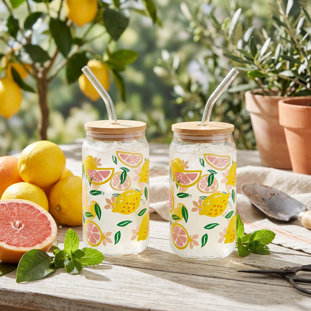 JS Gourmet Gobelets en verre avec couvercle en bambou et paille en verre (paquet de 2), motif citron - Simple Boutique