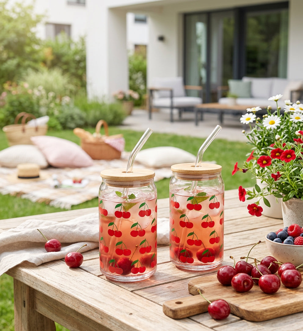 JS Gourmet Gobelets en verre avec couvercle en bambou et paille en verre (paquet de 2), motif de cerises - Simple Boutique