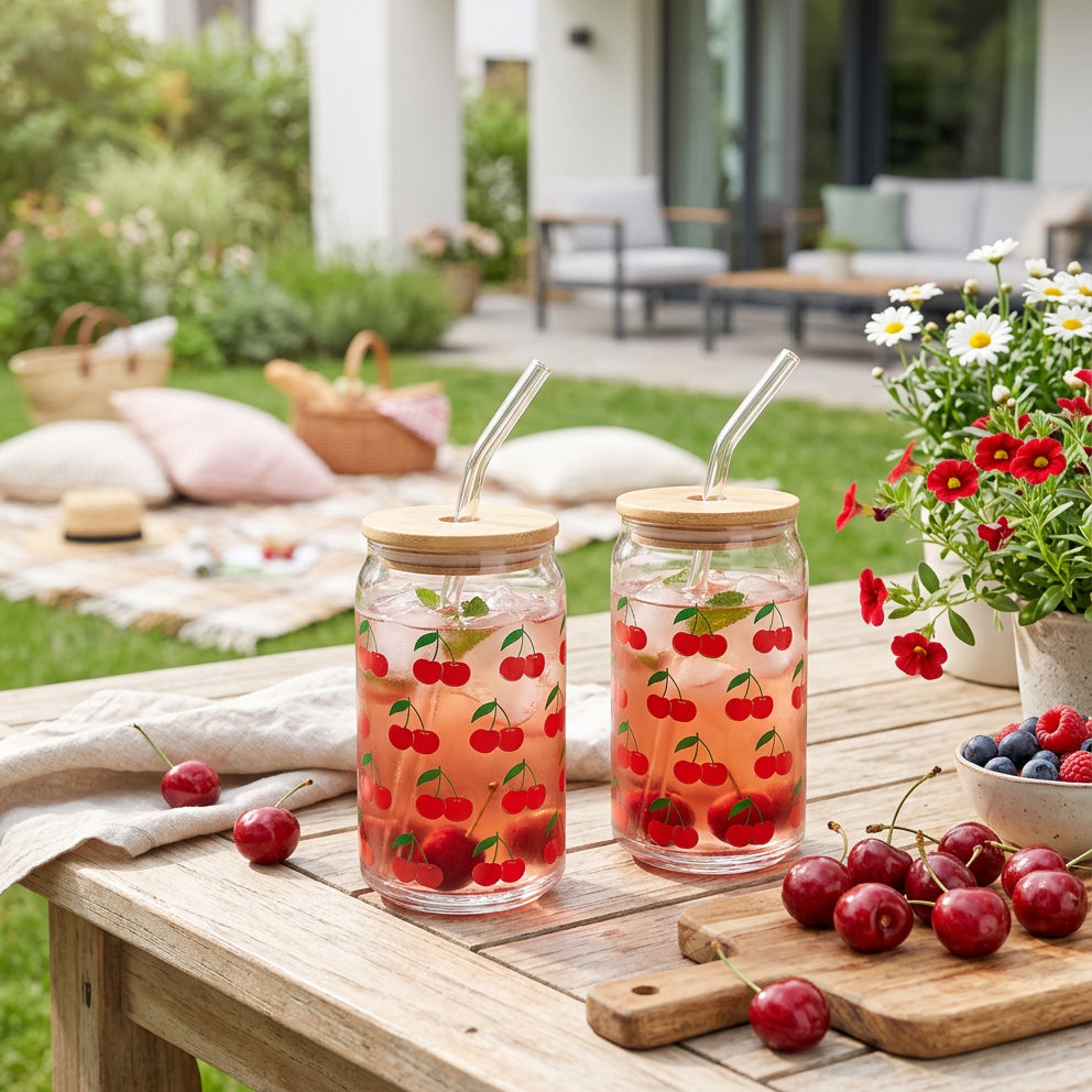 JS Gourmet Gobelets en verre avec couvercle en bambou et paille en verre (paquet de 2), motif de cerises - Simple Boutique