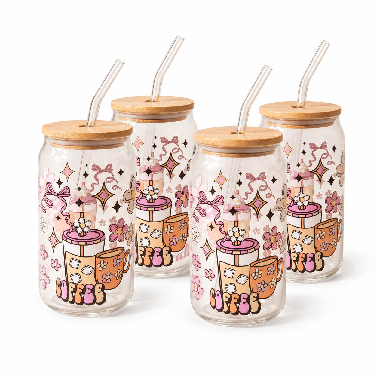 Gobelets en verre avec couvercle en bambou et paille en verre (paquet de 4), motif café