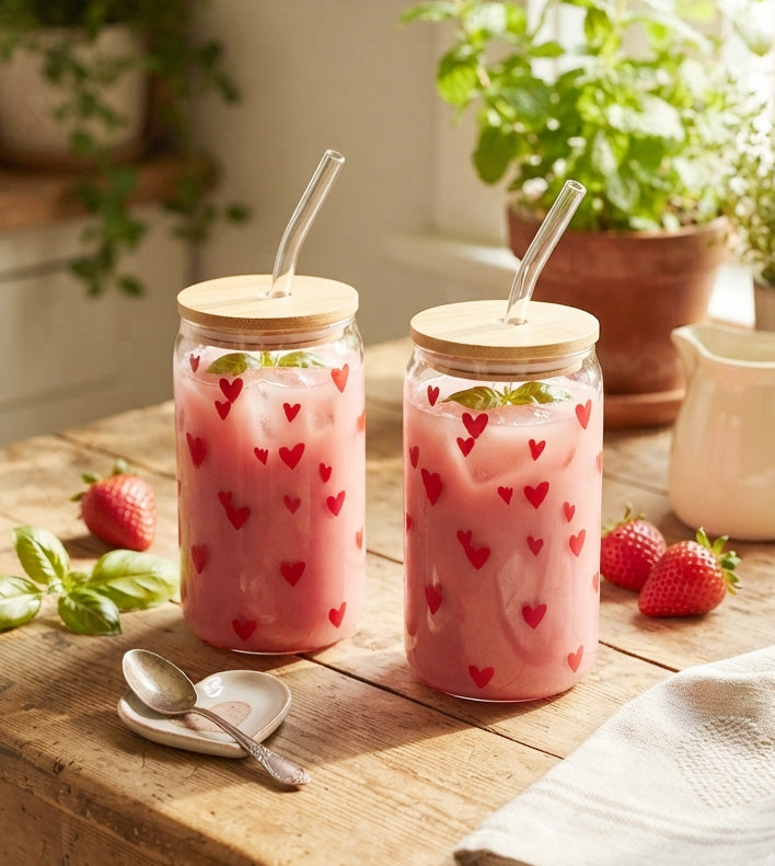 JS Gourmet Gobelets en verre avec motif cœurs, paille en verre et couvercle en bambou - Lot de 2 - Simple Boutique