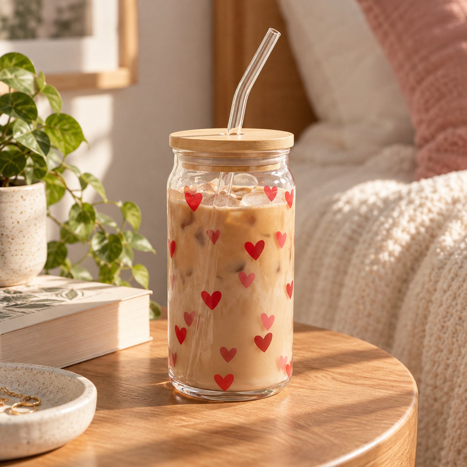 JS Gourmet Gobelets en verre avec motif cœurs, paille en verre et couvercle en bambou - Lot de 2 - Simple Boutique