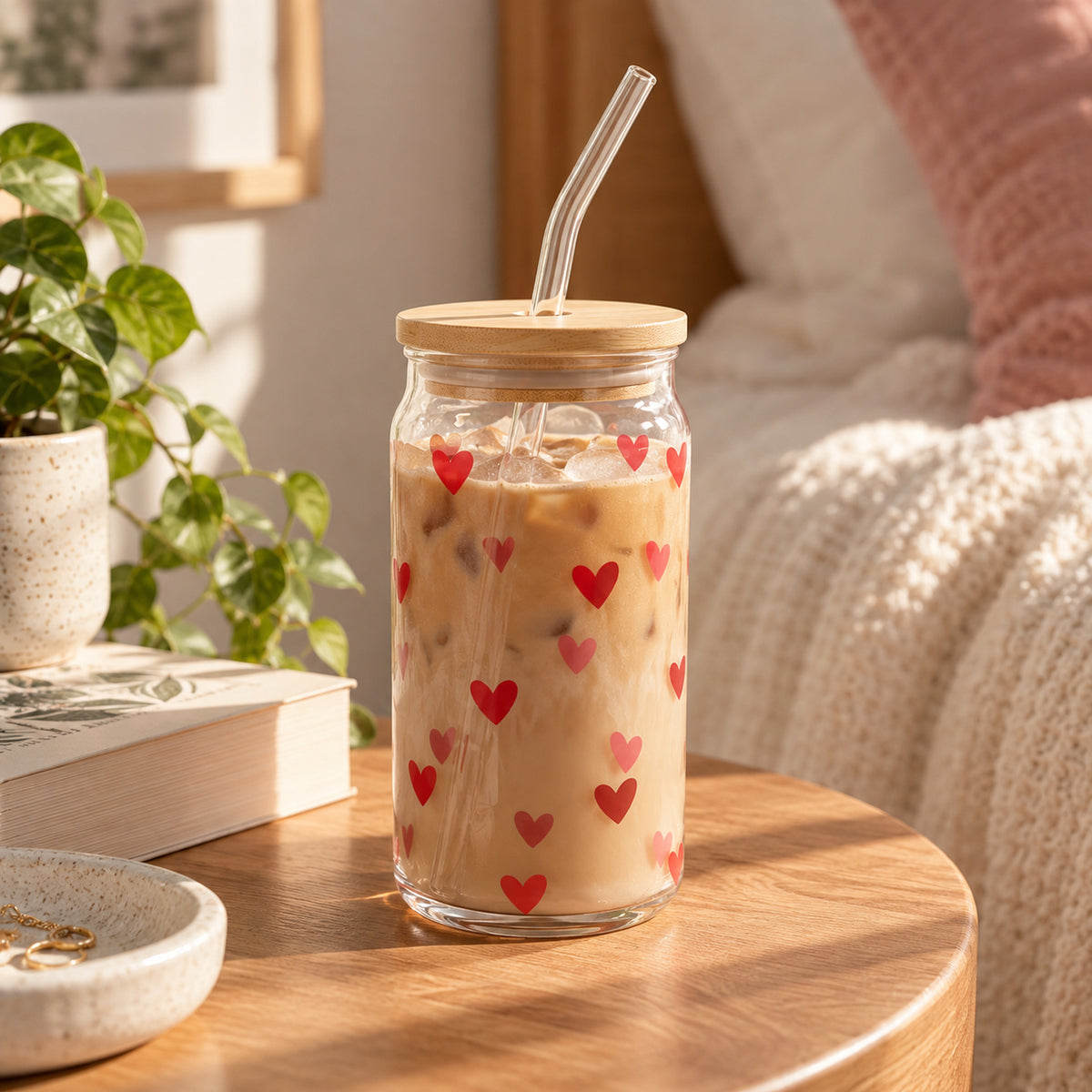 JS Gourmet Gobelets en verre avec motif cœurs, paille en verre et couvercle en bambou - Lot de 2 - Simple Boutique