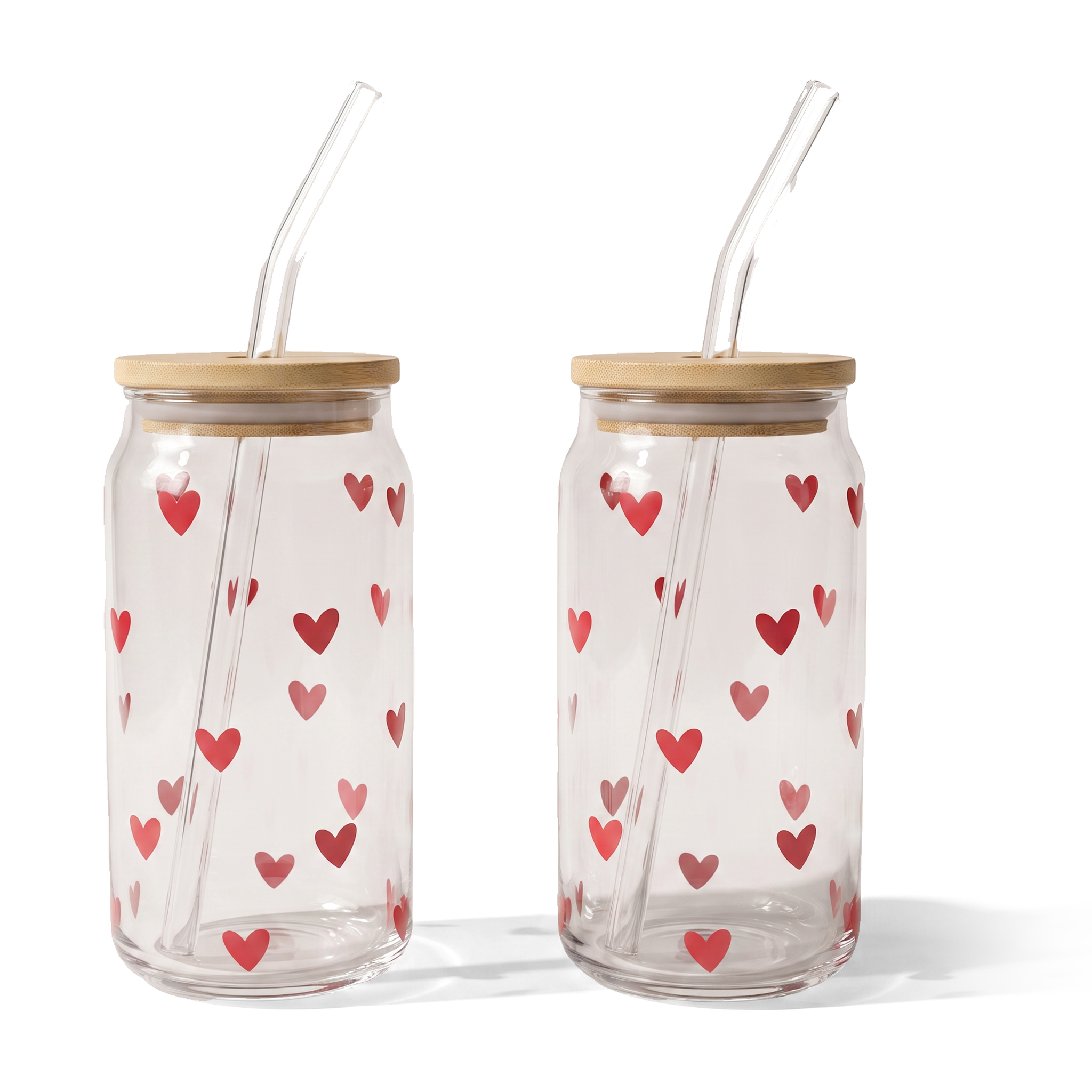 JS Gourmet Gobelets en verre avec motif cœurs, paille en verre et couvercle en bambou - Lot de 2 - Simple Boutique