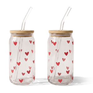 JS Gourmet Gobelets en verre avec motif cœurs, paille en verre et couvercle en bambou - Lot de 2 - Simple Boutique