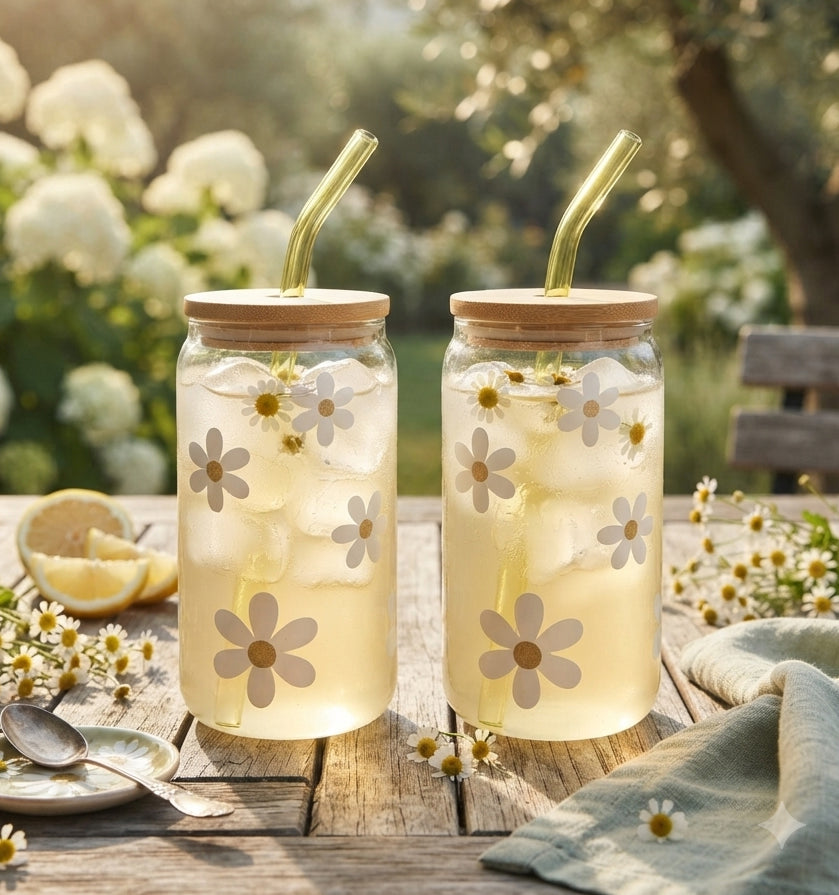 JS Gourmet Gobelets en verre marguerite avec paille en verre et couvercle en bambou - Lot de 2 - Simple Boutique