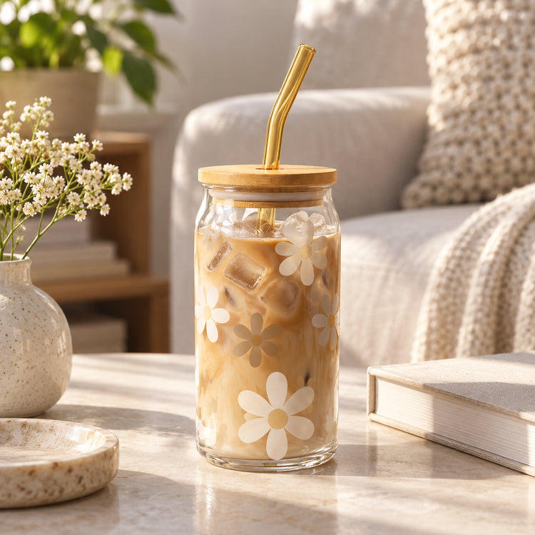 JS Gourmet Gobelets en verre marguerite avec paille en verre et couvercle en bambou - Lot de 2 - Simple Boutique