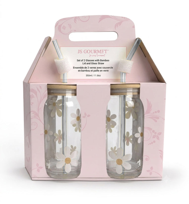 JS Gourmet Gobelets en verre marguerite avec paille en verre et couvercle en bambou - Lot de 2 - emballage - Simple Boutique