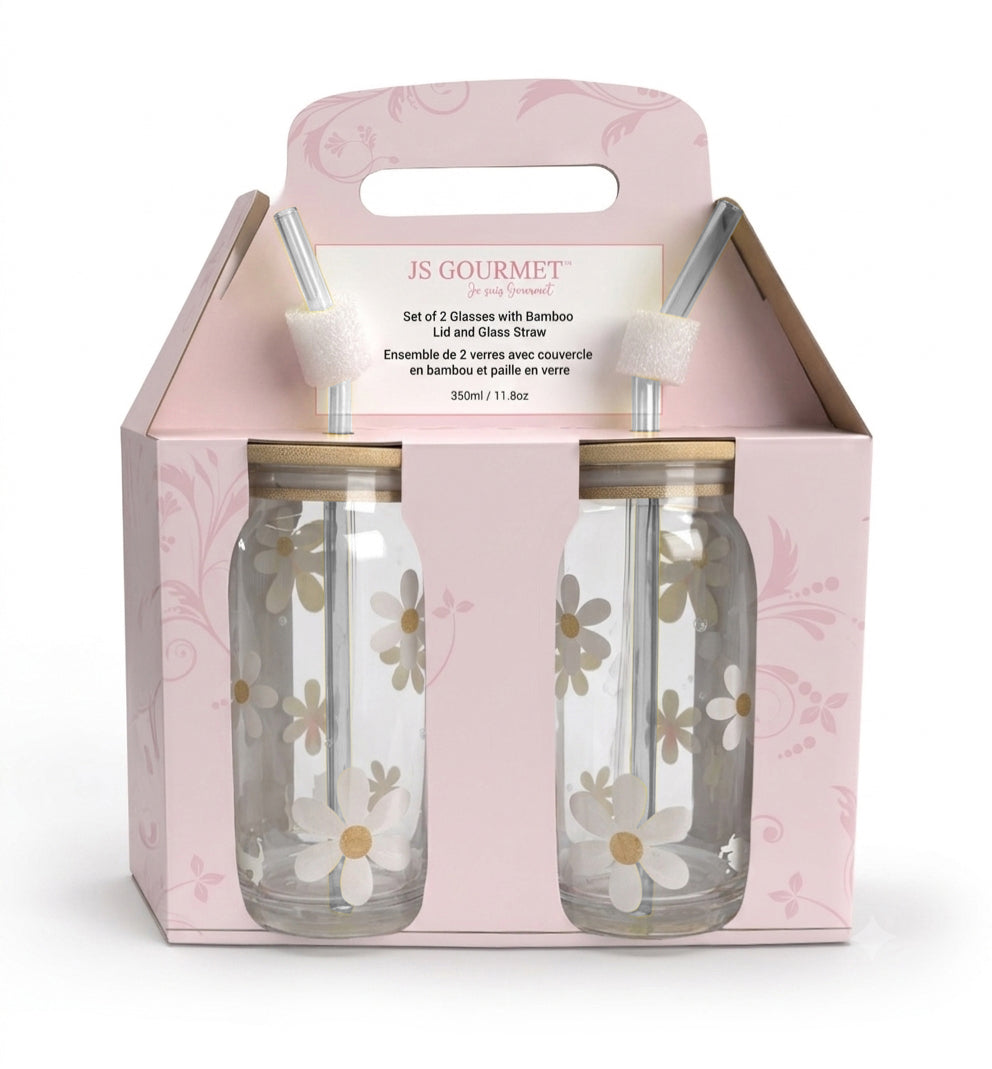 JS Gourmet Gobelets en verre marguerite avec paille en verre et couvercle en bambou - Lot de 2 - emballage - Simple Boutique