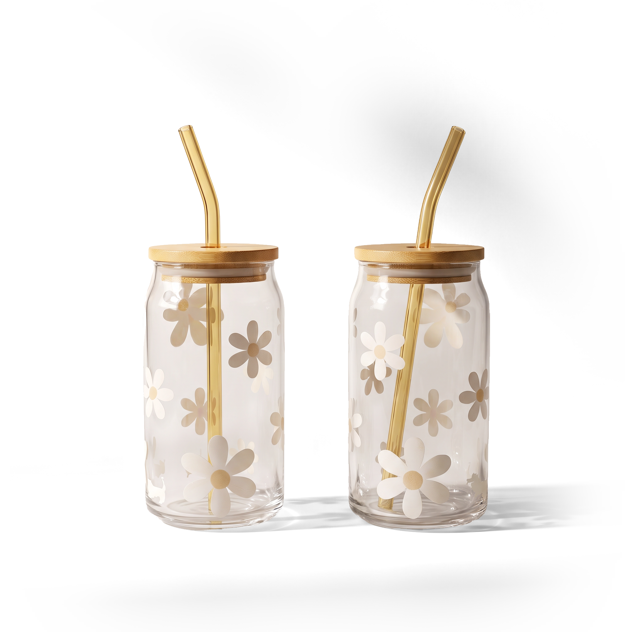 JS Gourmet Gobelets en verre marguerite avec paille en verre et couvercle en bambou - Lot de 2 - Simple Boutique