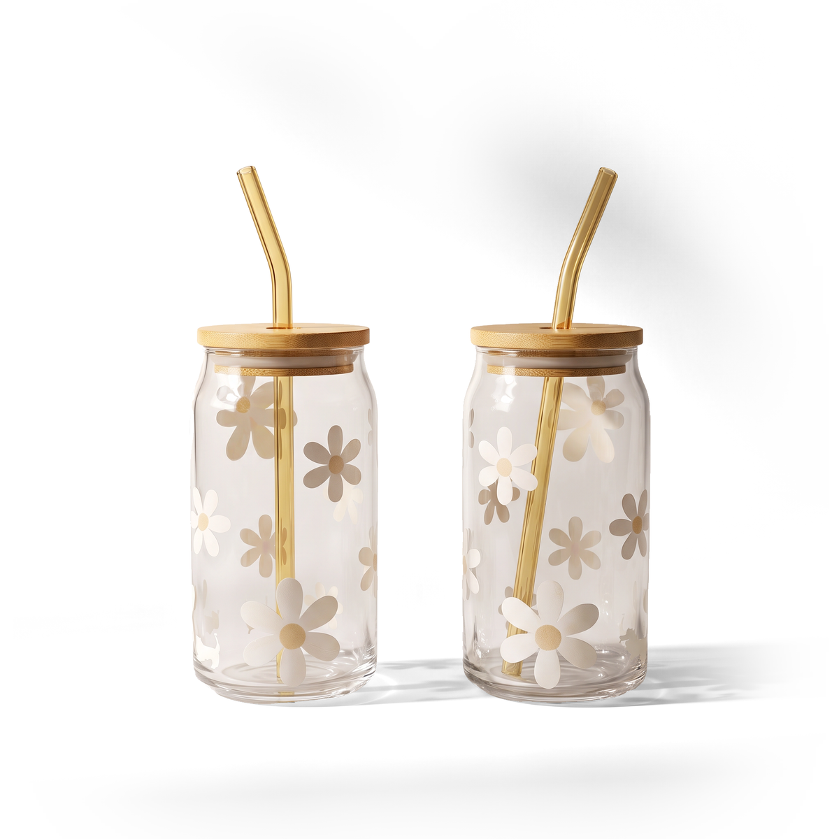 JS Gourmet Gobelets en verre marguerite avec paille en verre et couvercle en bambou - Lot de 2 - Simple Boutique