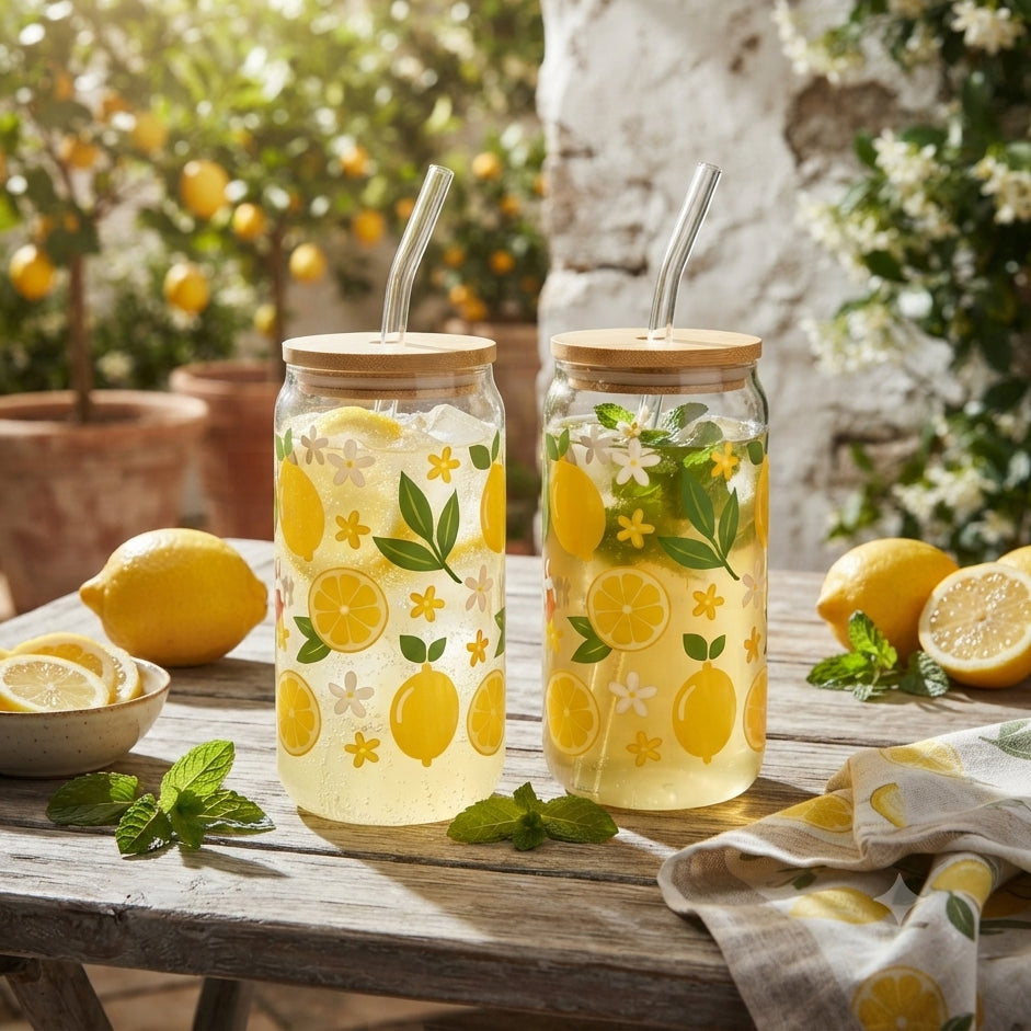 JS Gourmet Gobelets sippers en verre avec décalcomanies citron et jasmin, paille en verre et couvercle en bambou - Lot de 2 - Simple Boutique