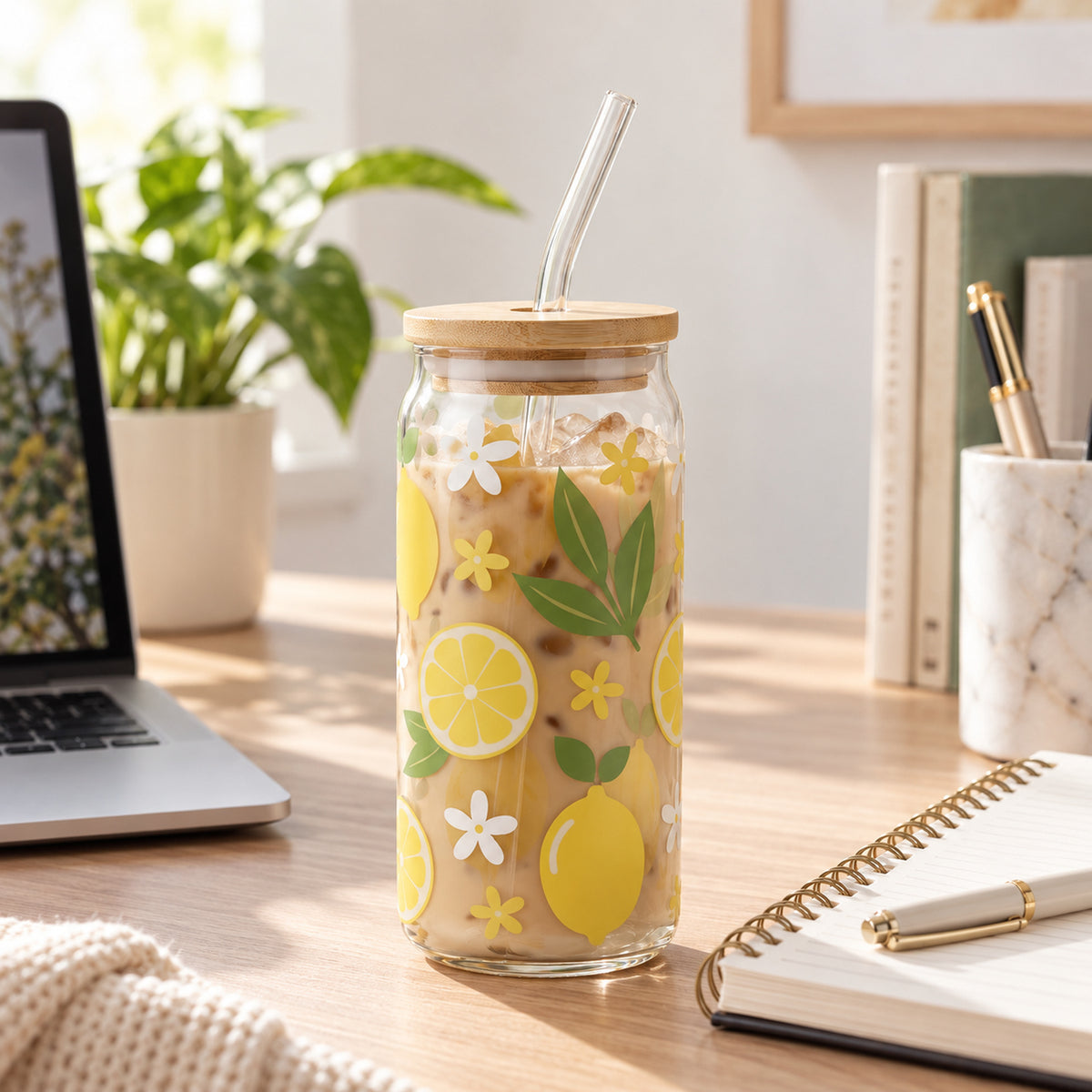 JS Gourmet Gobelets sippers en verre avec décalcomanies citron et jasmin, paille en verre et couvercle en bambou - Lot de 2 - Simple Boutique