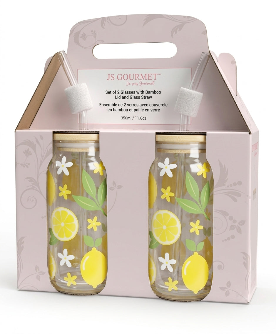 JS Gourmet Gobelets sippers en verre avec décalcomanies citron et jasmin, paille en verre et couvercle en bambou - Lot de 2 - emballage - Simple Boutique