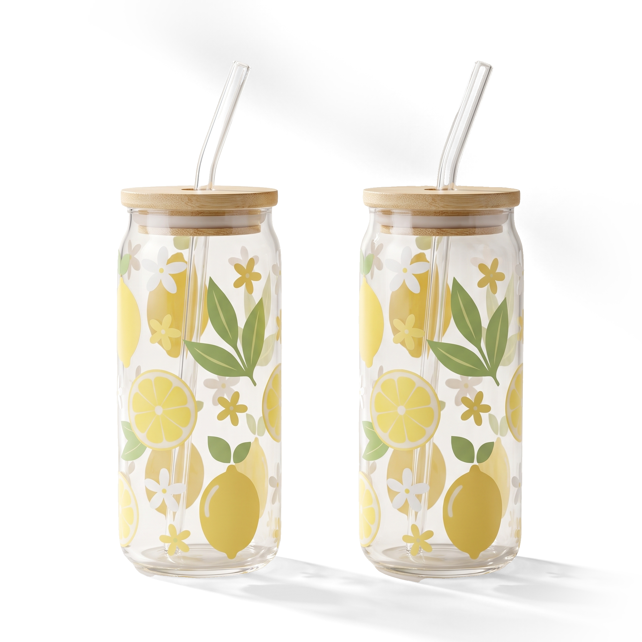 JS Gourmet Gobelets sippers en verre avec décalcomanies citron et jasmin, paille en verre et couvercle en bambou - Lot de 2 - Simple Boutique