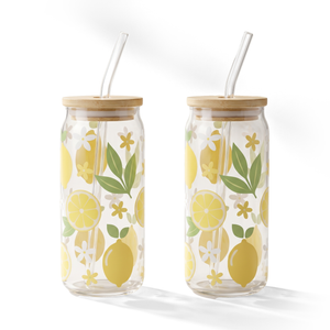 JS Gourmet Gobelets sippers en verre avec décalcomanies citron et jasmin, paille en verre et couvercle en bambou - Lot de 2 - Simple Boutique