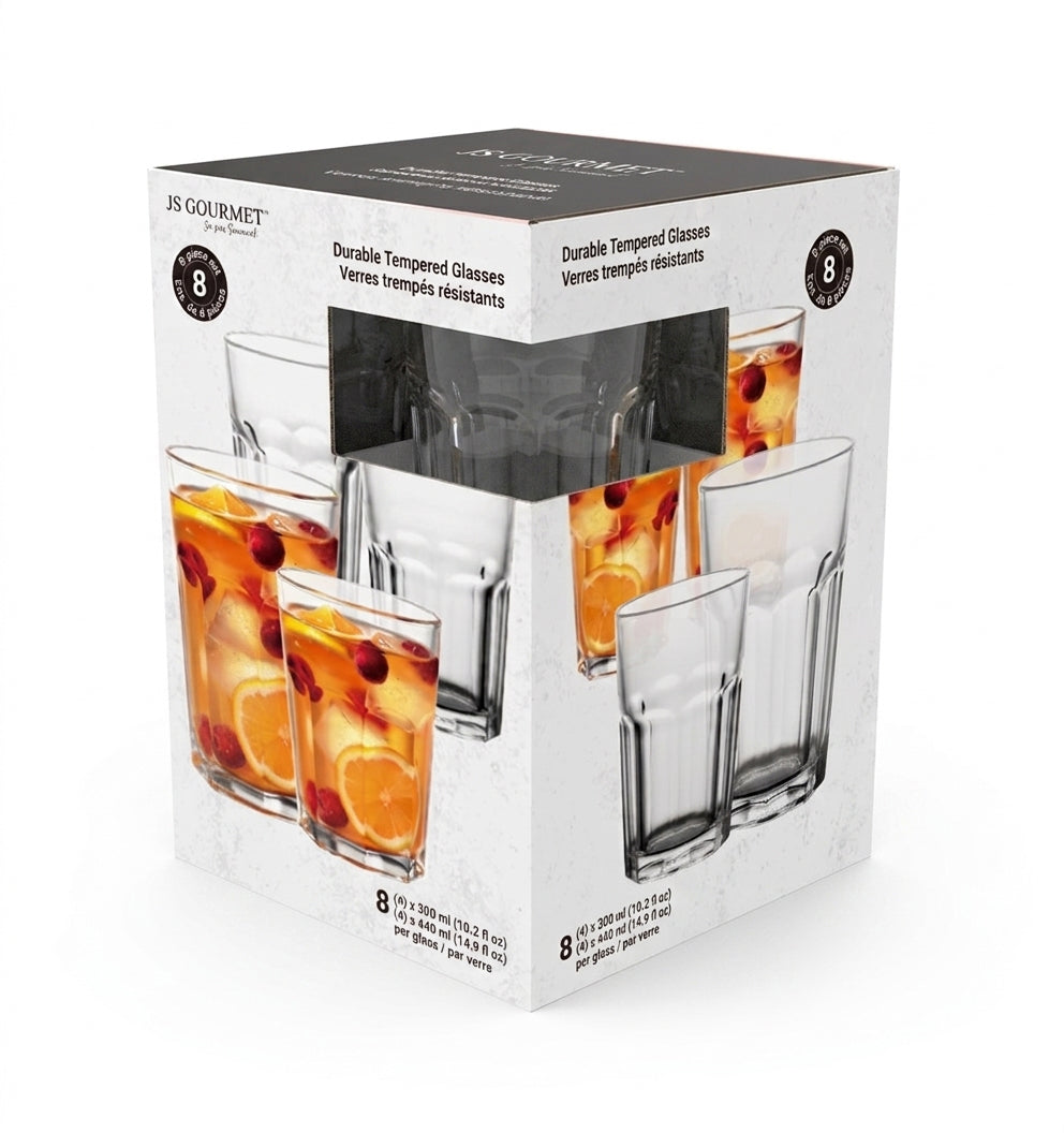 JS Gourmet Gobelets trempés 440ml / Verres à eau 300ml - Lot de 8 Verres à facettes - emballage - Simple Boutique