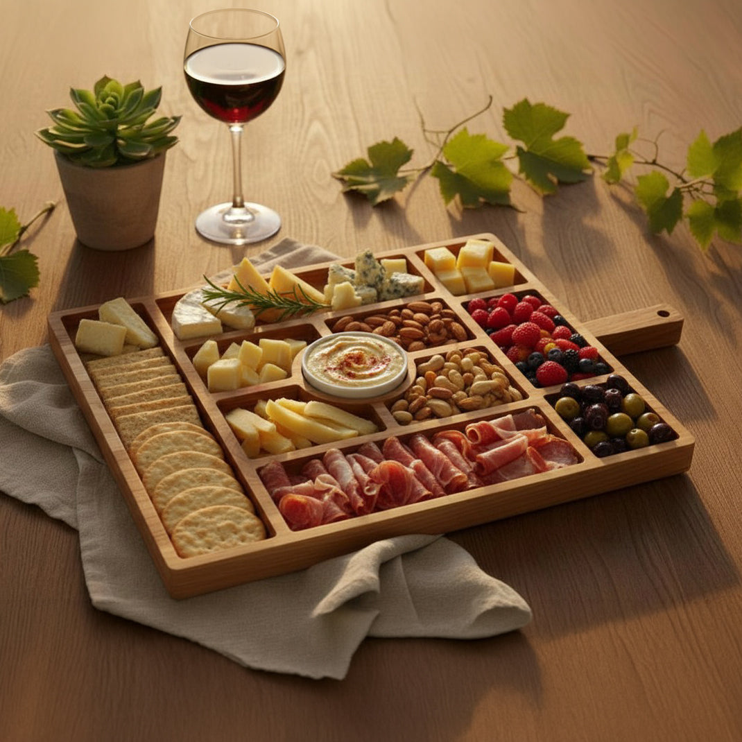 JS Gourmet Grand plateau de service en bambou avec plusieurs compartiments et bol en céramique - Simple Boutique