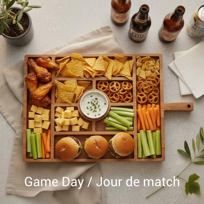 JS Gourmet Grand plateau de service en bambou avec plusieurs compartiments et bol en céramique - Simple Boutique