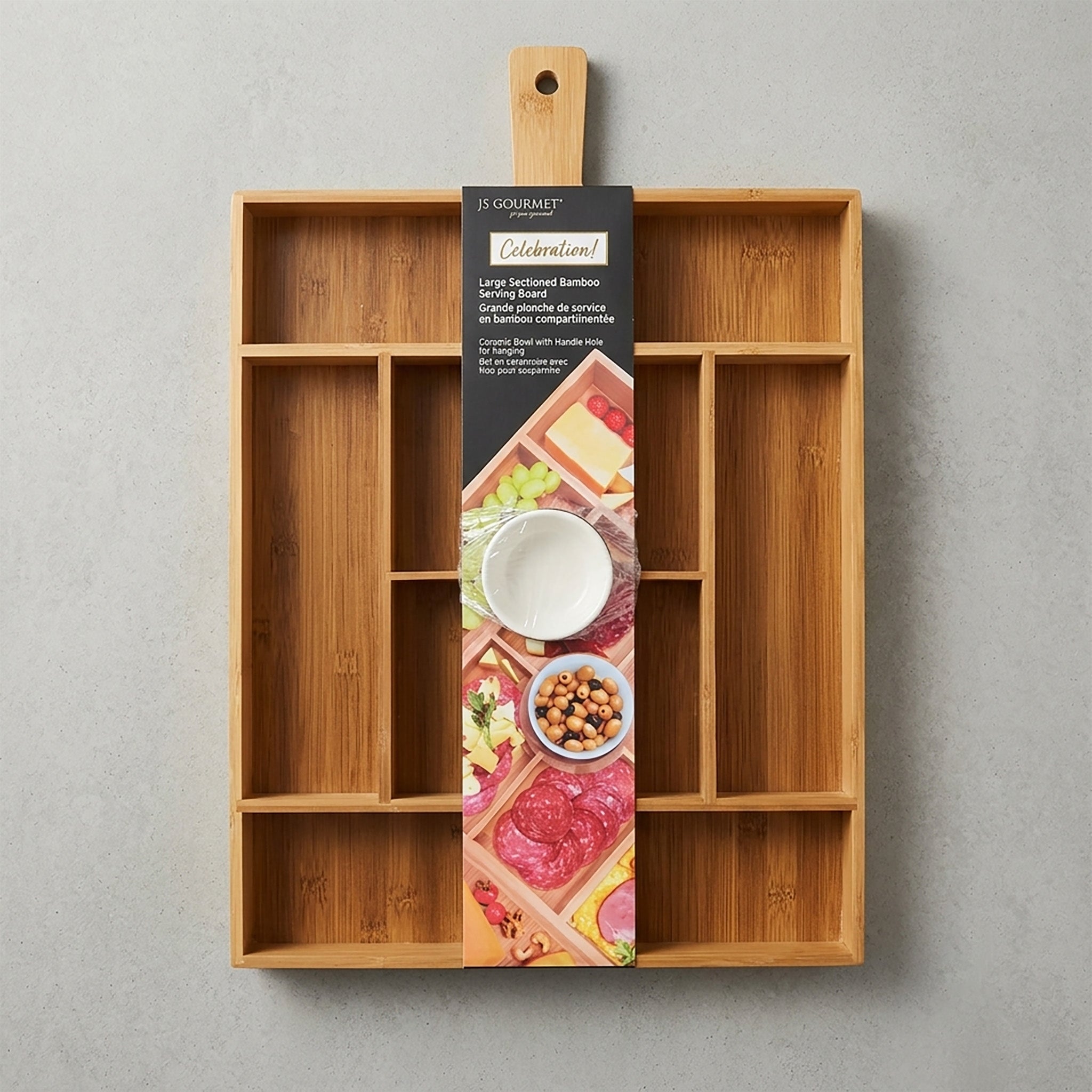 JS Gourmet Grand plateau de service en bambou avec plusieurs compartiments et bol en céramique - emballage - Simple Boutique
