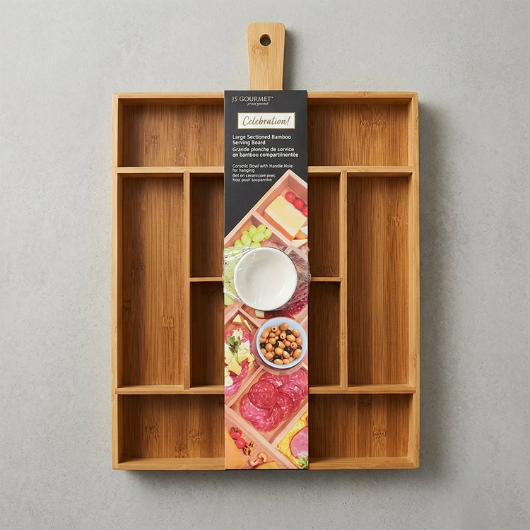 JS Gourmet Grand plateau de service en bambou avec plusieurs compartiments et bol en céramique - emballage - Simple Boutique