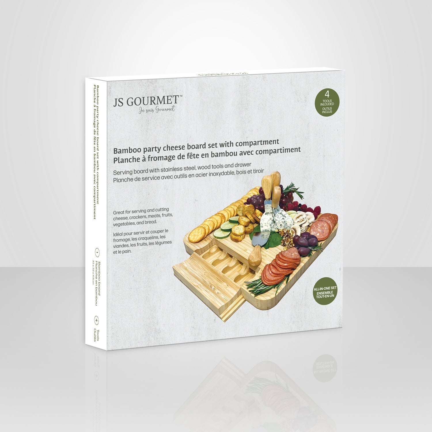 JS Gourmet - Grande Planche à Fromage en Bambou avec Tiroir Coulissant et 4 Couteaux - Simple Boutique