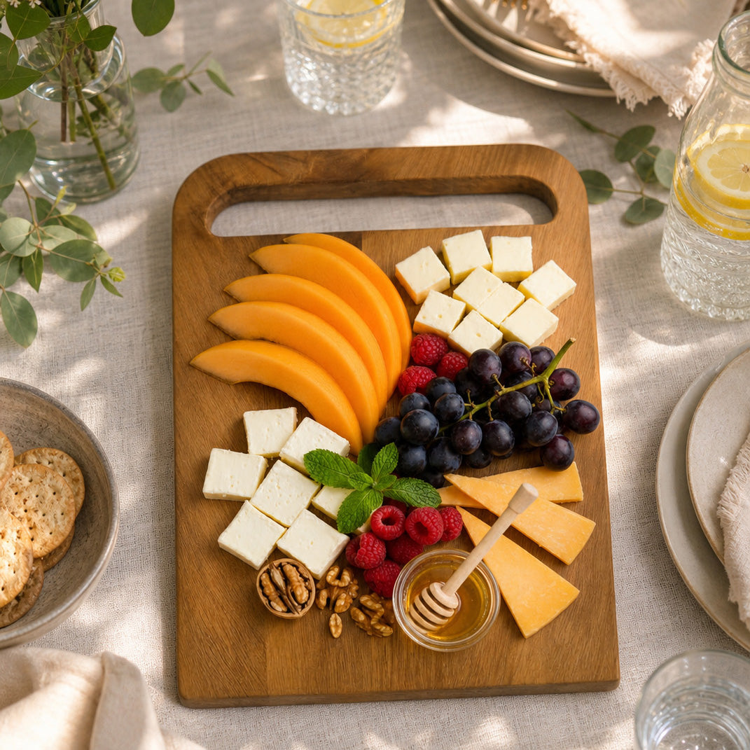 JS Gourmet Grande planche à découper et de service réversible 2 en 1 en bois de teck avec poignée intégrée - Simple Boutique
