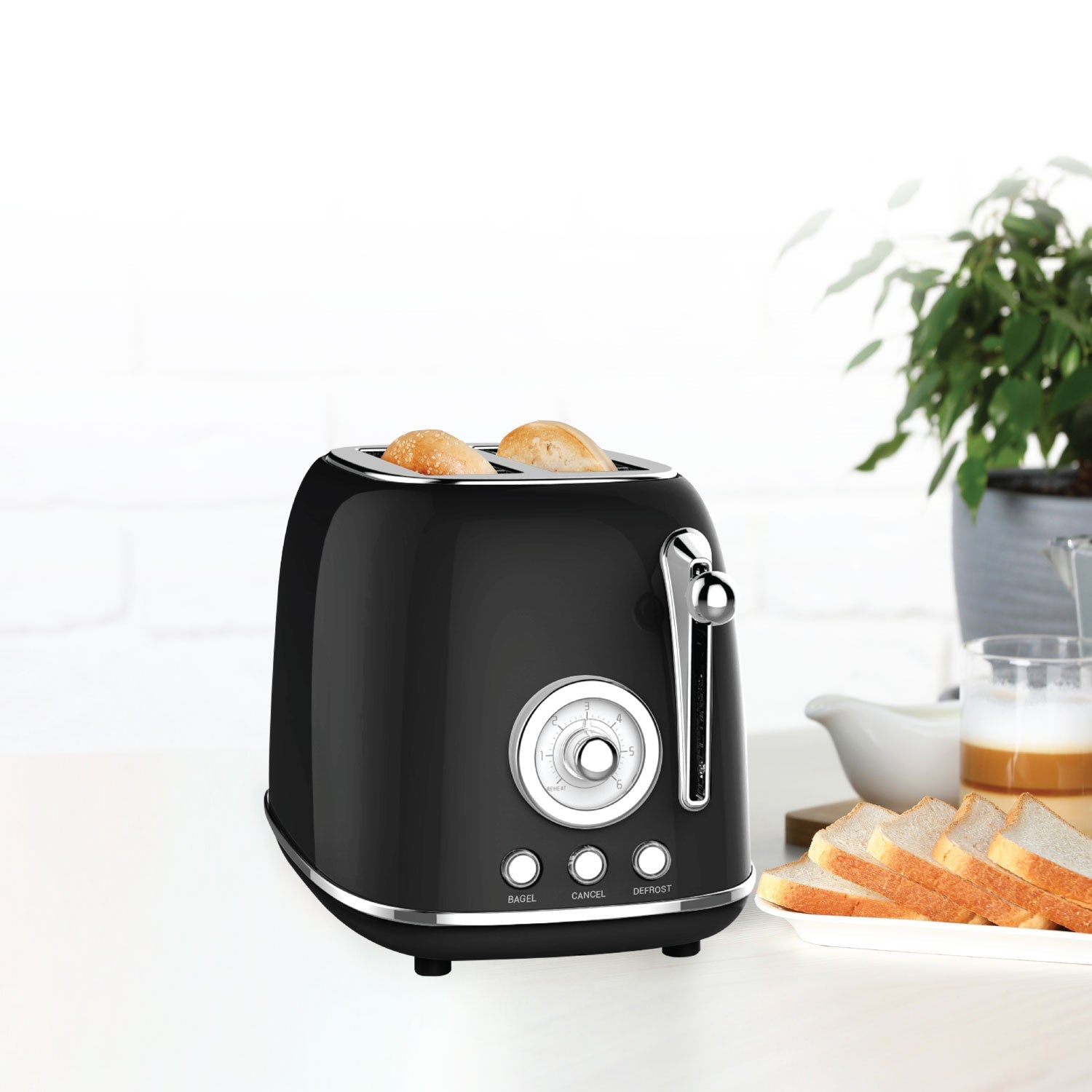 JS Gourmet - Grille-Pain Rétro à 2 Tranches Extra-Large, 6 Niveaux de Brunissage, 825 Watts, Noir - Simple Boutique