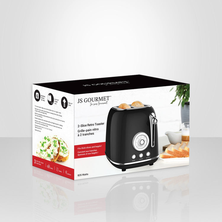 JS Gourmet - Grille-Pain Rétro à 2 Tranches Extra-Large, 6 Niveaux de Brunissage, 825 Watts, Noir - Simple Boutique