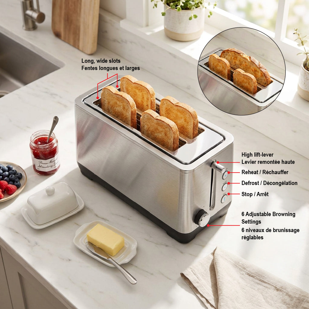 JS Gourmet Grille-pain 4 tranches à fentes longues en acier inoxydable - Simple Boutique