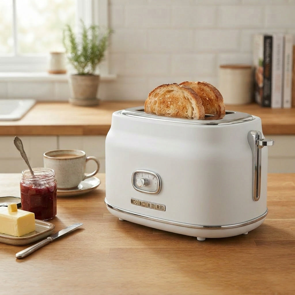 JS Gourmet Grille-pain rétro à 2 tranches à fentes larges avec voyant DEL - Blanc mat, 900W - Simple Boutique