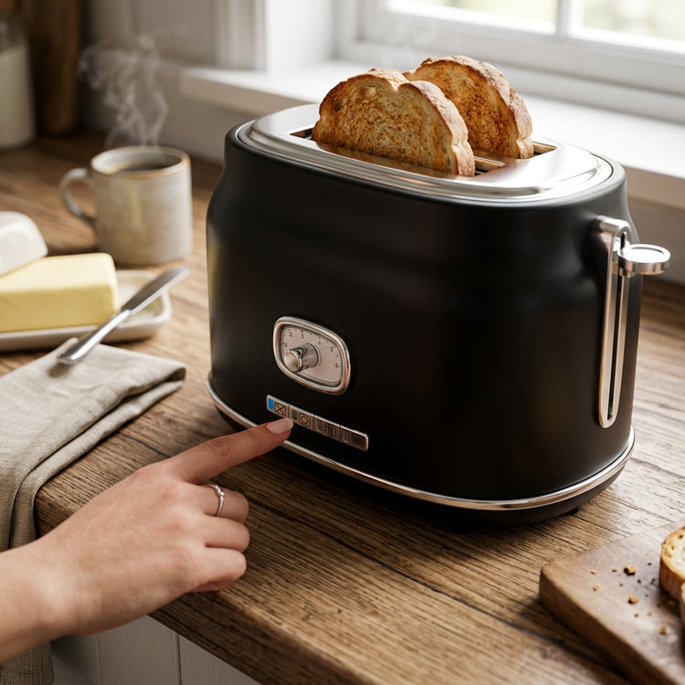 JS Gourmet Grille-pain rétro à 2 tranches à fentes larges avec voyant DEL - Noir mat, 900W - Simple Boutique
