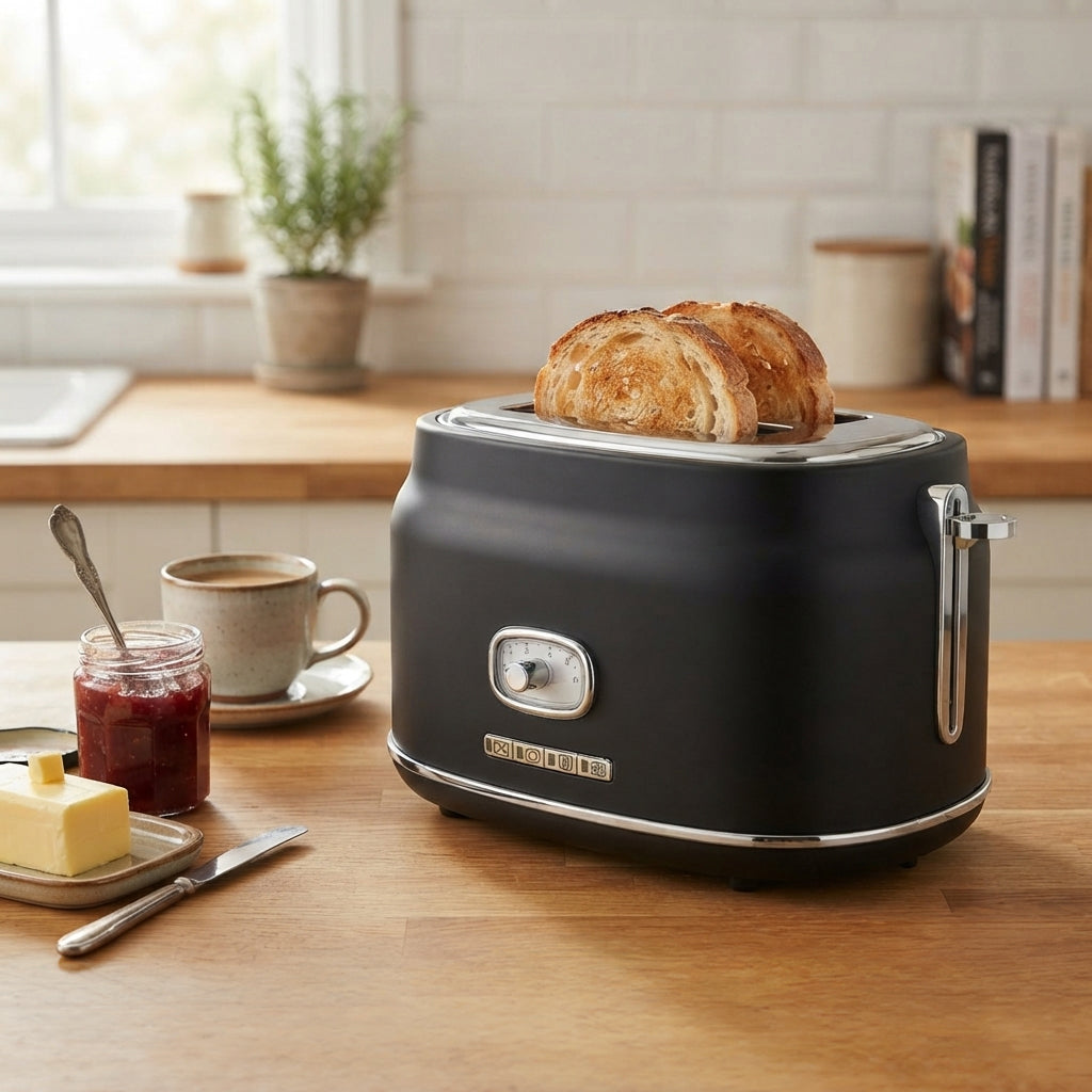 JS Gourmet Grille-pain rétro à 2 tranches à fentes larges avec voyant DEL - Noir mat, 900W - Simple Boutique