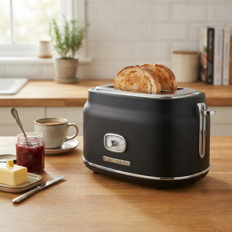 JS Gourmet Grille-pain rétro à 2 tranches à fentes larges avec voyant DEL - Noir mat, 900W - Simple Boutique